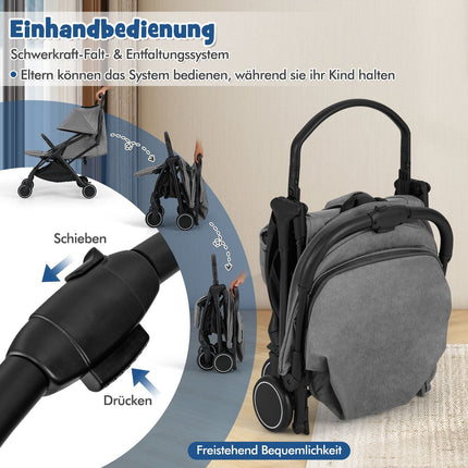 Foldable Travel Stroller with Recline, Adjustable Backrest, Grey
