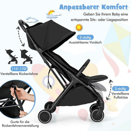 Foldable Travel Stroller with Reclining Seat, Black