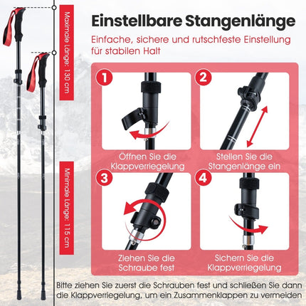 Foldable Trekking Poles, Quick Lock, 115-130 cm, Red
