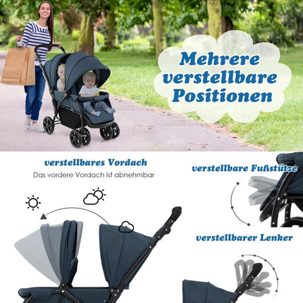 Foldable Twin Stroller, Adjustable Backrest, 30kg Capacity