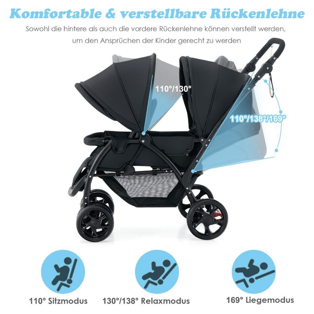Opvouwbare tweelingkinderwagen met verstelbare rugleuning, zwart