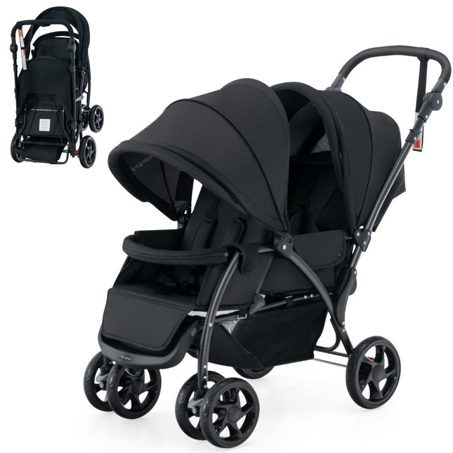 Opvouwbare tweelingkinderwagen met verstelbare rugleuning, zwart