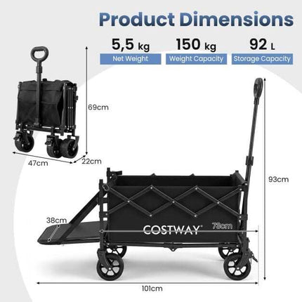 Foldable Wagon, 92L Capacity, Adjustable Handle, Black