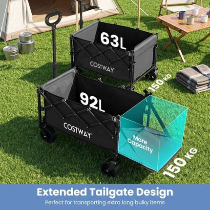Foldable Wagon, 92L Capacity, Adjustable Handle, Black