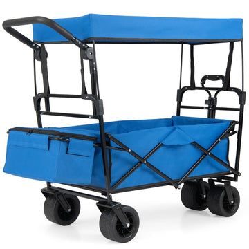 Foldable Wagon with Removable Canopy, Adjustable Handles, Blue