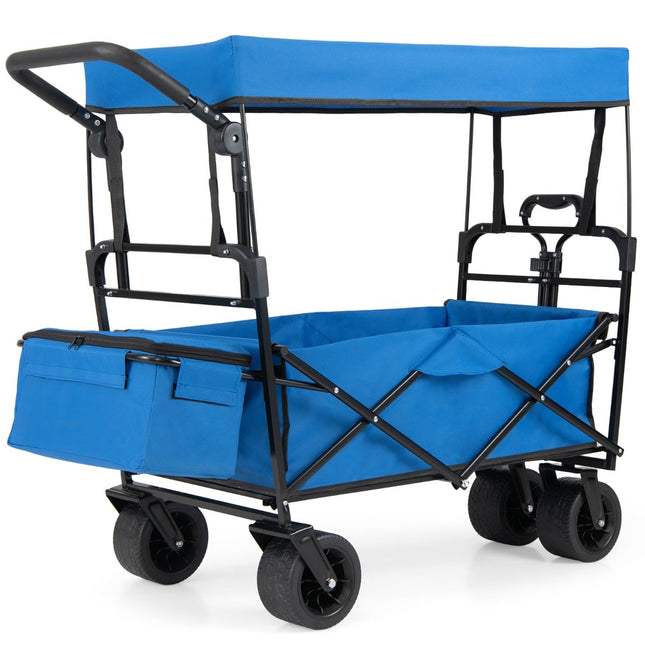 Foldable Wagon with Removable Canopy, Adjustable Handles, Blue
