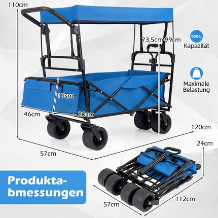 Foldable Wagon with Removable Canopy, Adjustable Handles, Blue