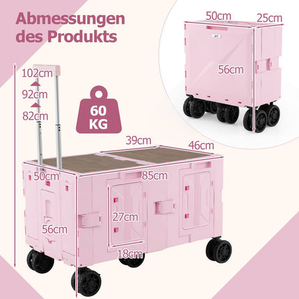 Foldable Wagon with Tabletop, Adjustable Handle, Pink