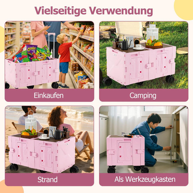 Foldable Wagon with Tabletop, Adjustable Handle, Pink