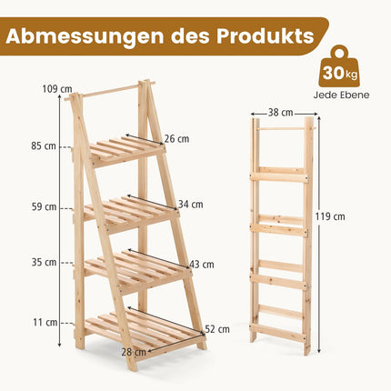 Foldable Wooden Plant Stand with 4 Shelves, 52x38x109 cm