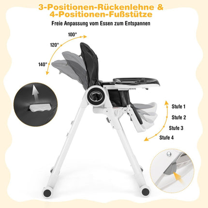 Foldable baby high chair with 6 adjustable heights & removable double trays black