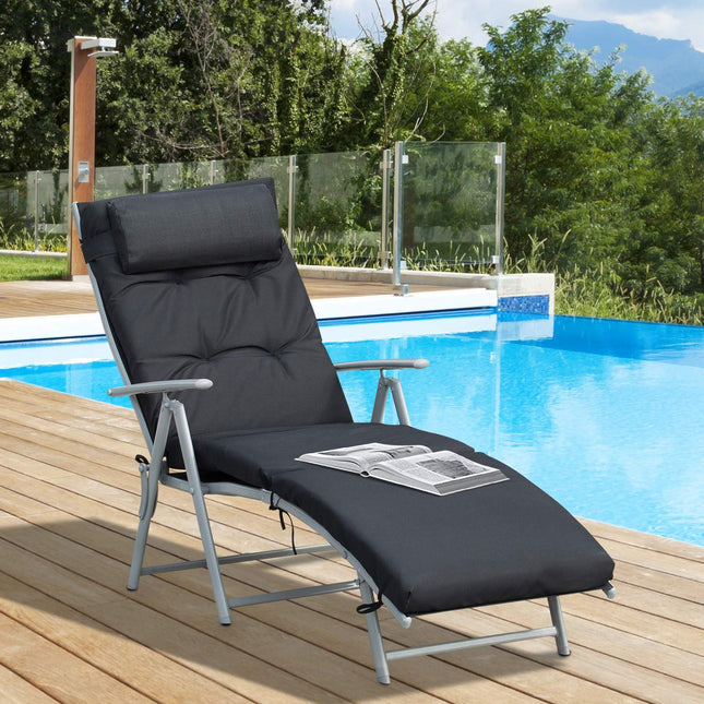 Folding beach chair, adjustable with cushion, black