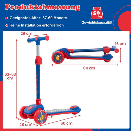 Foldable children's scooter with PU LED wheels and rear brake, height-adjustable scooter, blue