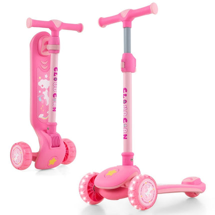 Foldable children's scooter with PU LED wheels and rear brake, height-adjustable scooter, pink