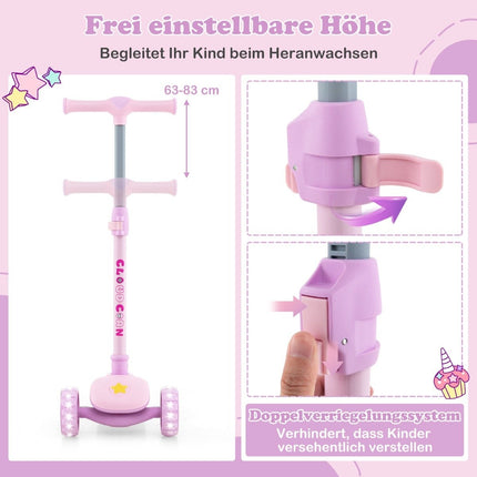Foldable children's scooter with PU LED wheels and rear brake, height-adjustable scooter, pink