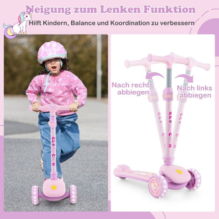 Foldable children's scooter with PU LED wheels and rear brake, height-adjustable scooter, pink