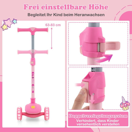 Foldable children's scooter with PU LED wheels and rear brake, height-adjustable scooter, pink