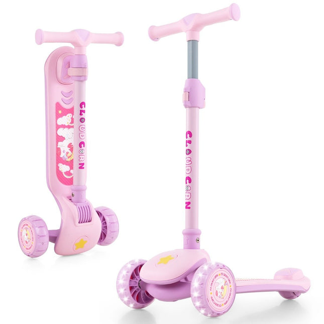 Foldable children's scooter with PU LED wheels and rear brake, height-adjustable scooter, pink