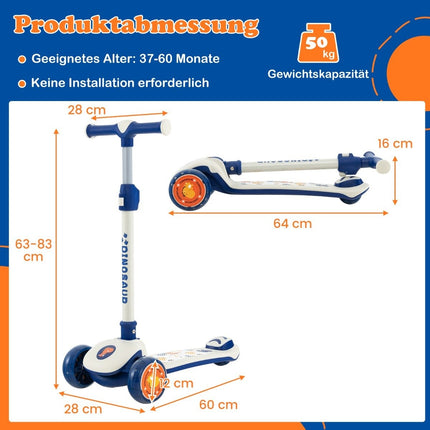 Foldable children's scooter with PU LED wheels and rear brake, height-adjustable scooter, white