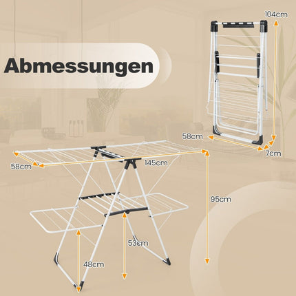 Foldable clothes dryer extendable with 2 levels drying rack laundry tower white