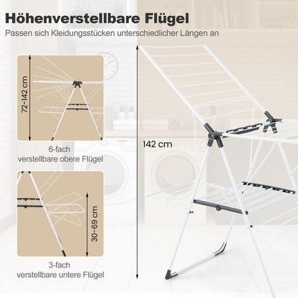 Foldable clothes dryer extendable with 2 levels drying rack laundry tower white