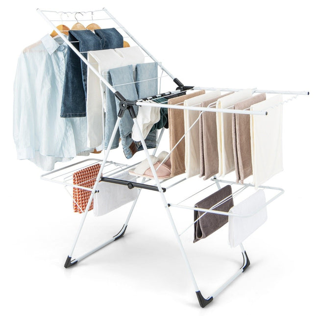 Foldable clothes dryer extendable with 2 levels drying rack laundry tower white
