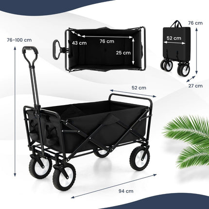 Foldable handcart with adjustable handle and cup holders can hold up to 68 kg for shopping, camping, black