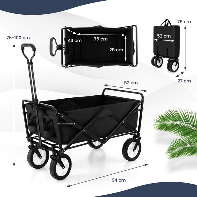 Foldable handcart with adjustable handle and cup holders can hold up to 68 kg for shopping, camping, black