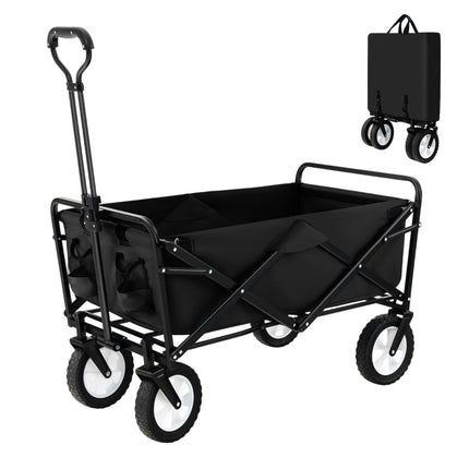 Foldable handcart with adjustable handle and cup holders can hold up to 68 kg for shopping, camping, black