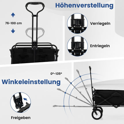Foldable handcart with adjustable handle and cup holders can hold up to 68 kg for shopping, camping, black