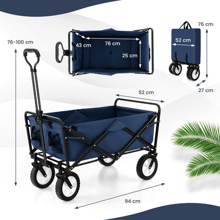 Foldable handcart with adjustable handle and cup holders can hold up to 68 kg for shopping, camping, navy blue