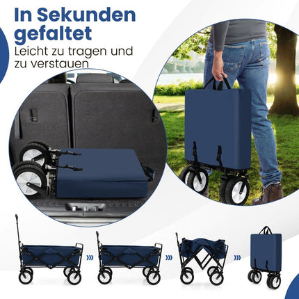 Foldable handcart with adjustable handle and cup holders can hold up to 68 kg for shopping, camping, navy blue