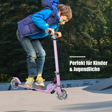 Foldable height-adjustable children's scooter with 2 flashing wheels for children aged 4 and over purple