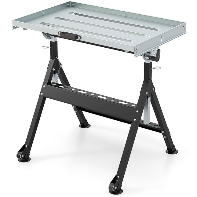 Foldable mobile welding table with 4 adjustable heights and angle details work table