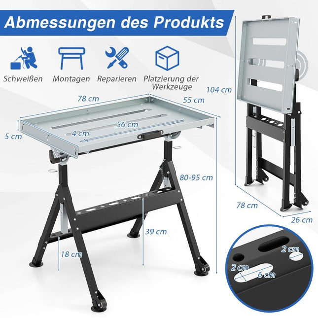 Foldable mobile welding table with 4 adjustable heights and angle details work table