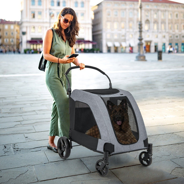 Foldable pet stroller with front door & roof window & adjustable handle. Holds up to 60 kg