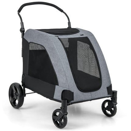 Foldable pet stroller with front door & roof window & adjustable handle. Holds up to 60 kg