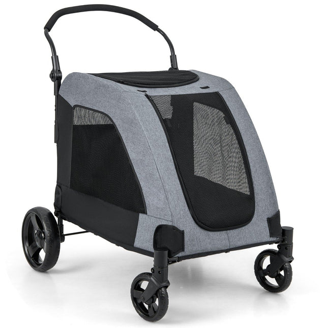 Foldable pet stroller with front door & roof window & adjustable handle. Holds up to 60 kg