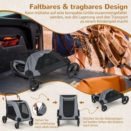 Foldable pet stroller with front door & roof window & adjustable handle. Holds up to 60 kg