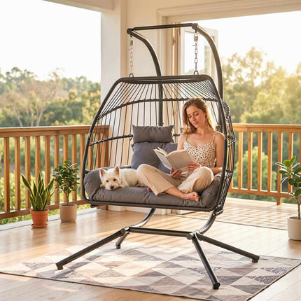 Foldable rattan hanging chair with cushion, dark grey, 260 kg