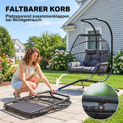 Foldable rattan hanging chair with cushion, dark grey, 260 kg