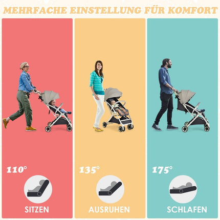 Foldable stroller travel buggy with adjustable backrest & canopy baby stroller with cup holder gray