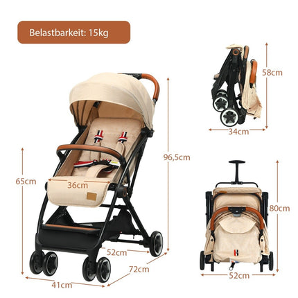 Foldable stroller with adjustable backrest & footrest & canopy Beige