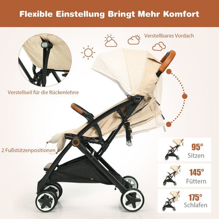 Foldable stroller with adjustable backrest & footrest & canopy Beige