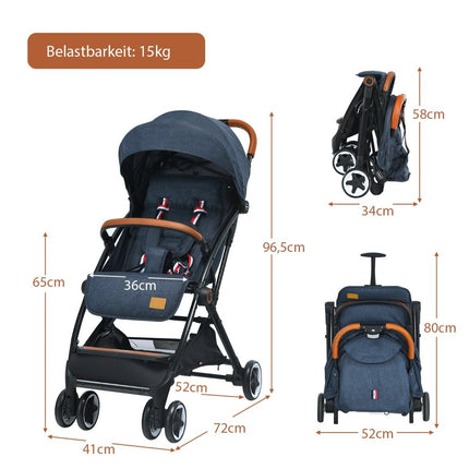 Foldable stroller with adjustable backrest & footrest & canopy blue