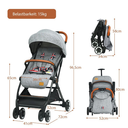 Foldable stroller with adjustable backrest & footrest & canopy gray
