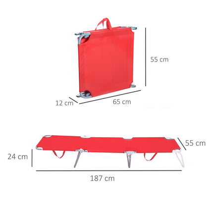 Red folding sun lounger, adjustable metal backrest