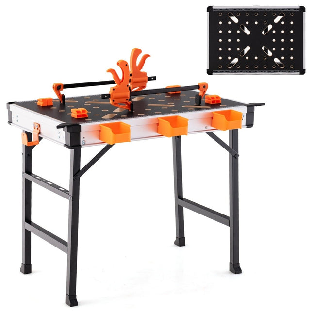 Foldable work table workbench with 2 quick clamps, 3 tool boxes and metal frame