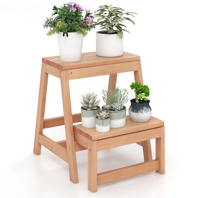 Folding 2-Step Stool, Fir Wood Plant Stand, 330 lb