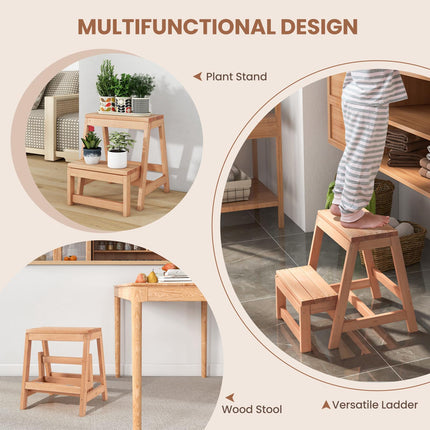 Folding 2-Step Stool, Fir Wood Plant Stand, 330 lb